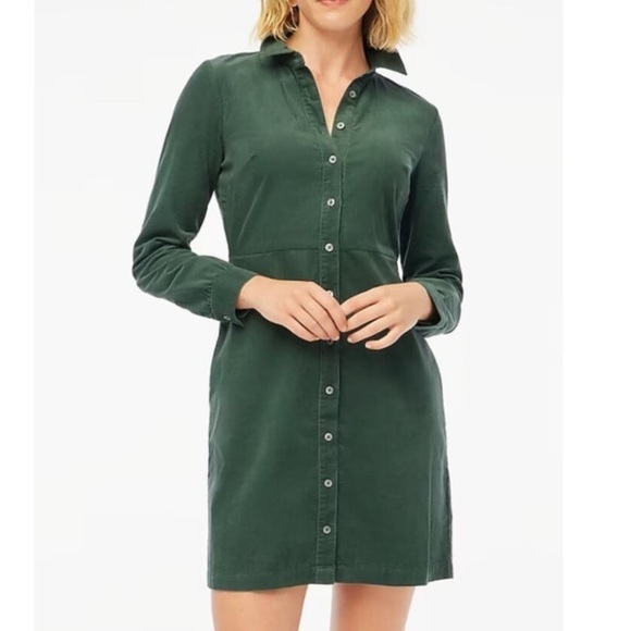 J. Crew Long-sleeve button-up corduroy mini dress forest green size 14 NWT CB955 - Picture 1 of 10
